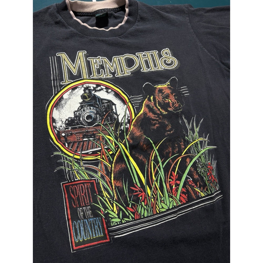 Vintage 90s Memphis T-shirt XL Black Grizzly Bear Train Spirit Of The Country - Picture 2 of 9